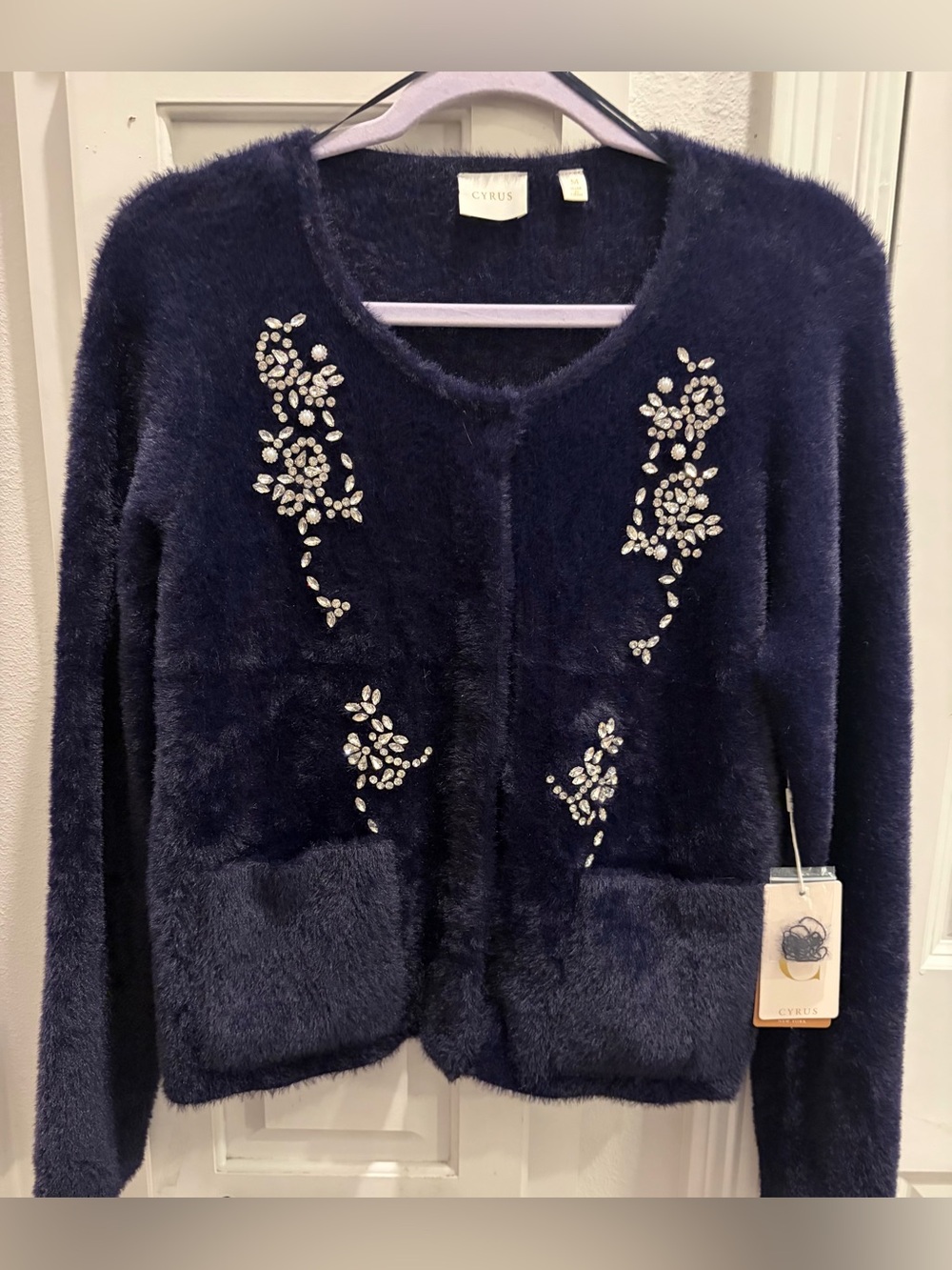 NWT CYRUS Women's Elegant ‘Eclipse Blue’  Embellished Fuzzy Cardigan Sweater